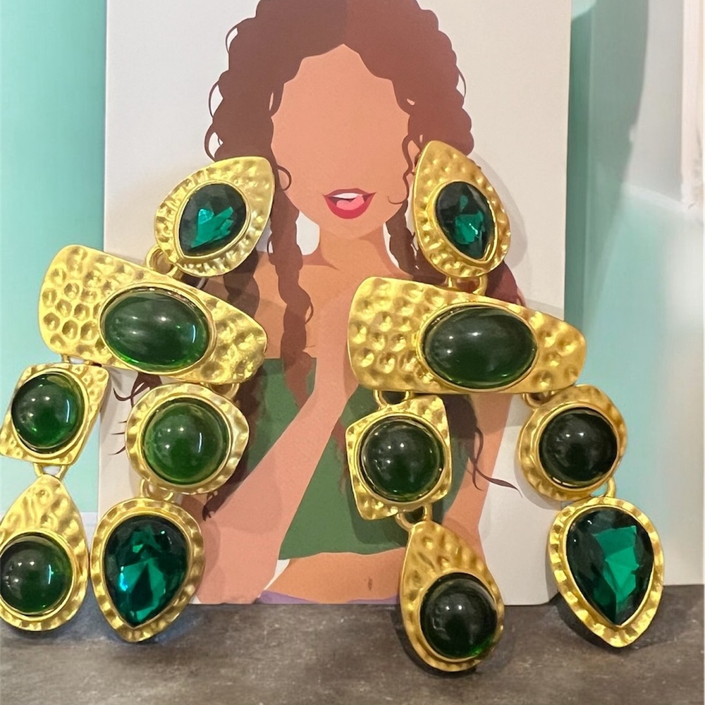 Gold-Tone Green Statement Drop Earrings
